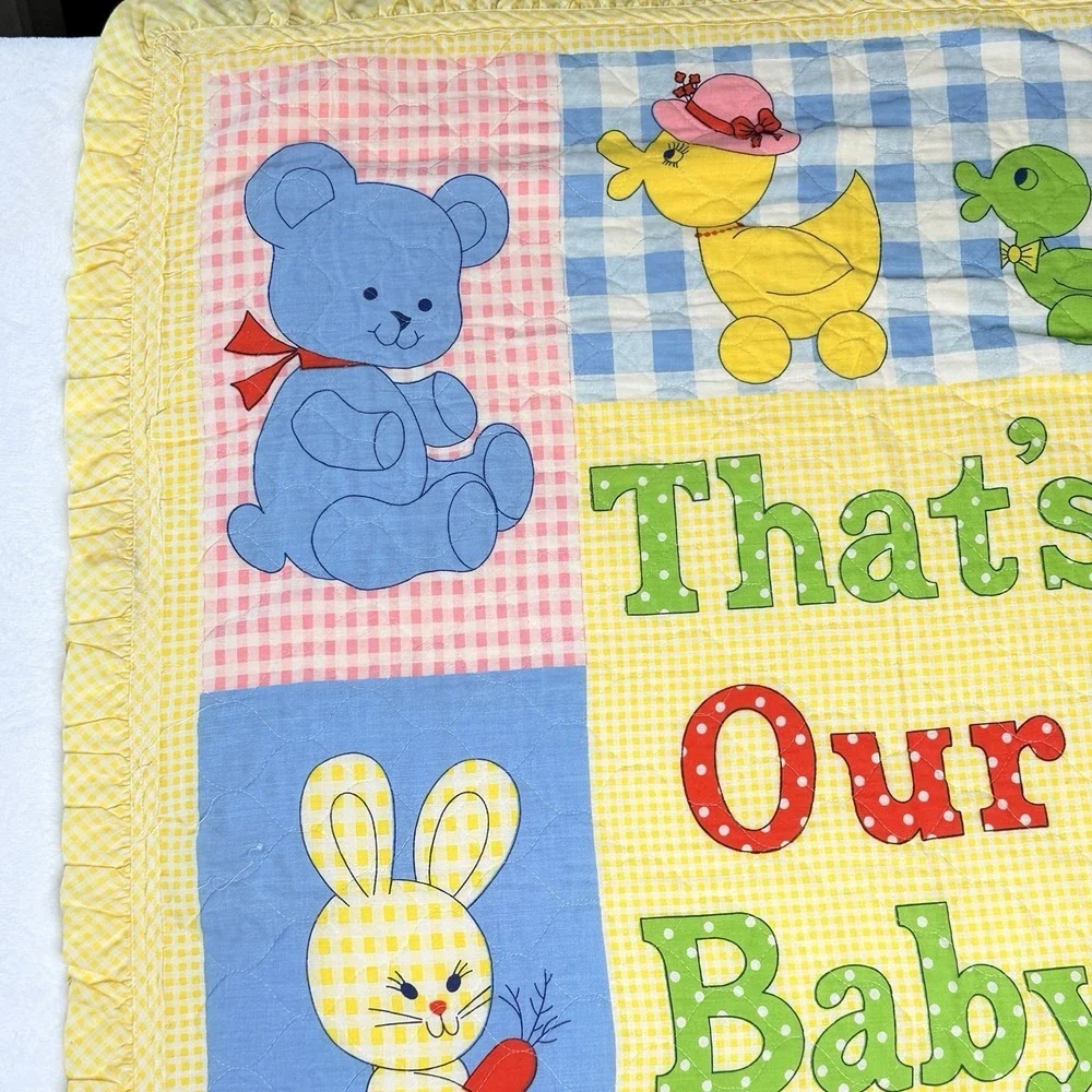 VTG That's Our Baby Crib Quilt Blanket Teddy Bear Bunny Duck Ruffle Trim Nursery